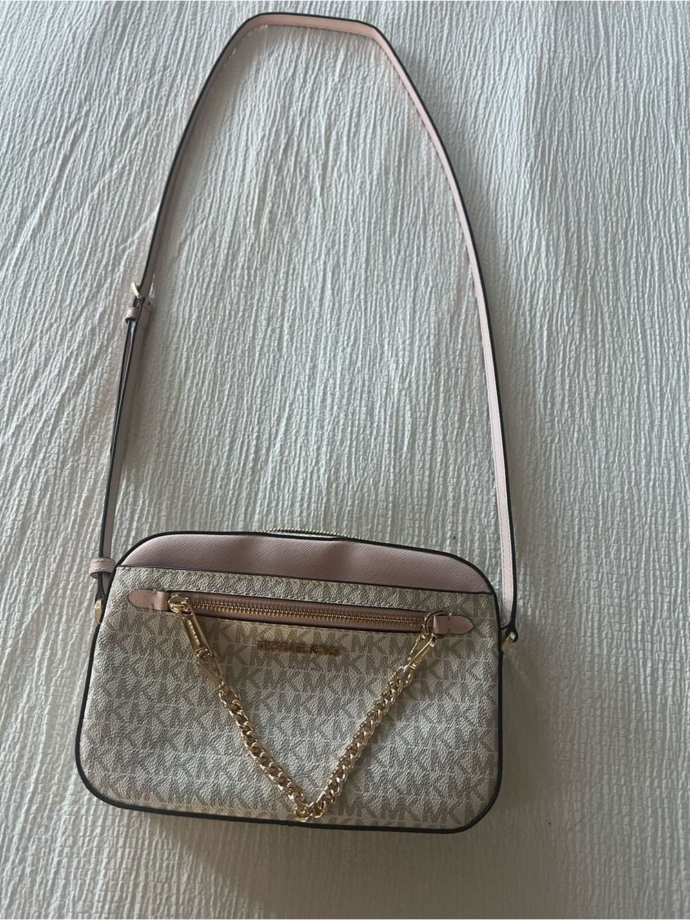 Michael Kors Cream Logo Crossbody with Pink Trim and Gold Hardware